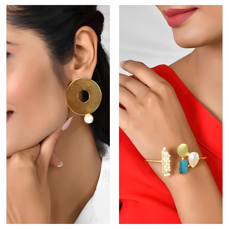 Pearl Concentric Circle Earring + 2 Stone & Pearl Stringed Bracelet