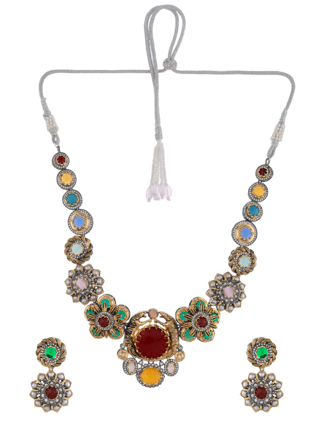 Multicolor Gold Oxidized Fusion Necklace Set