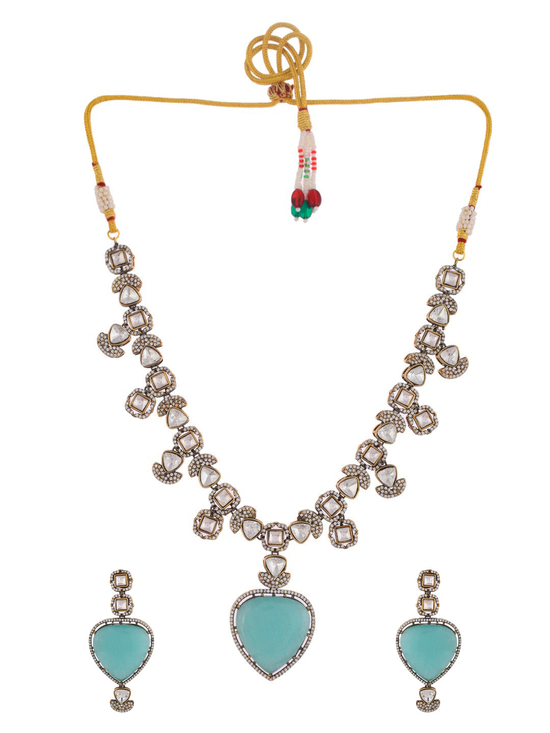 Heart Mint Green Kundan Oxidized Necklace Set