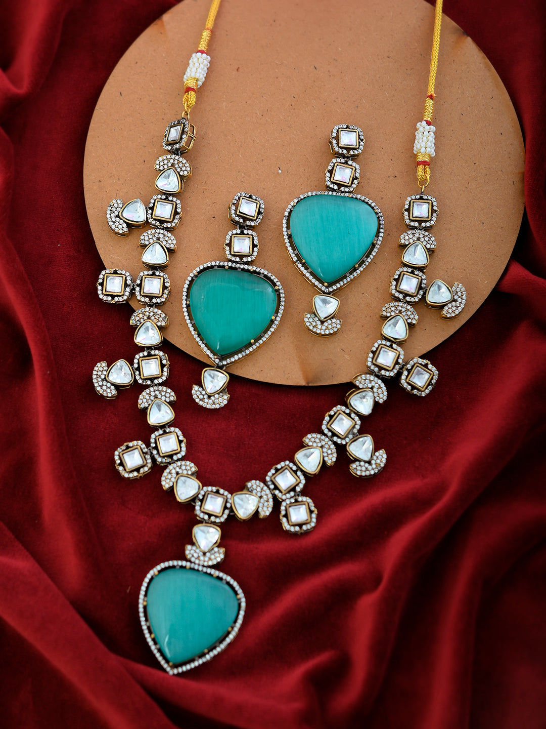 Heart Mint Green Kundan Oxidized Necklace Set