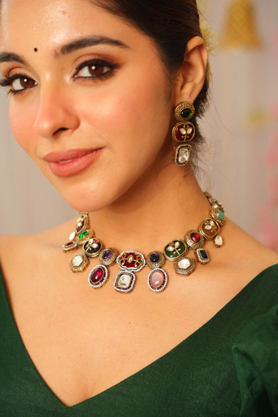 Navratna Oxidized Fusion Kundan Set