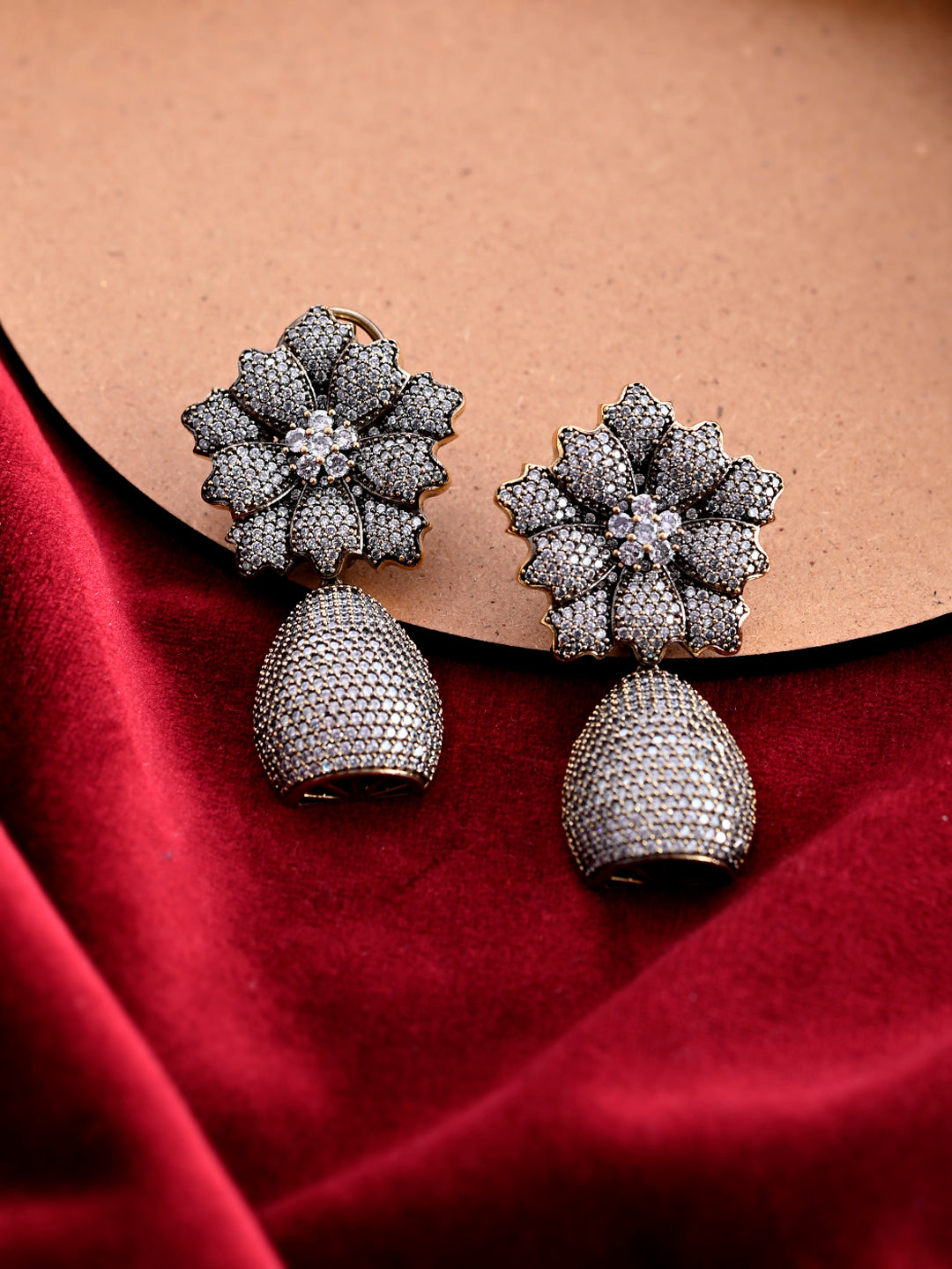 Oxidized Cz Flower Earrings