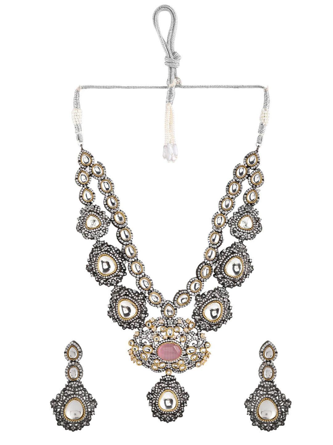 Hot Pink Oxidized Kundan Set