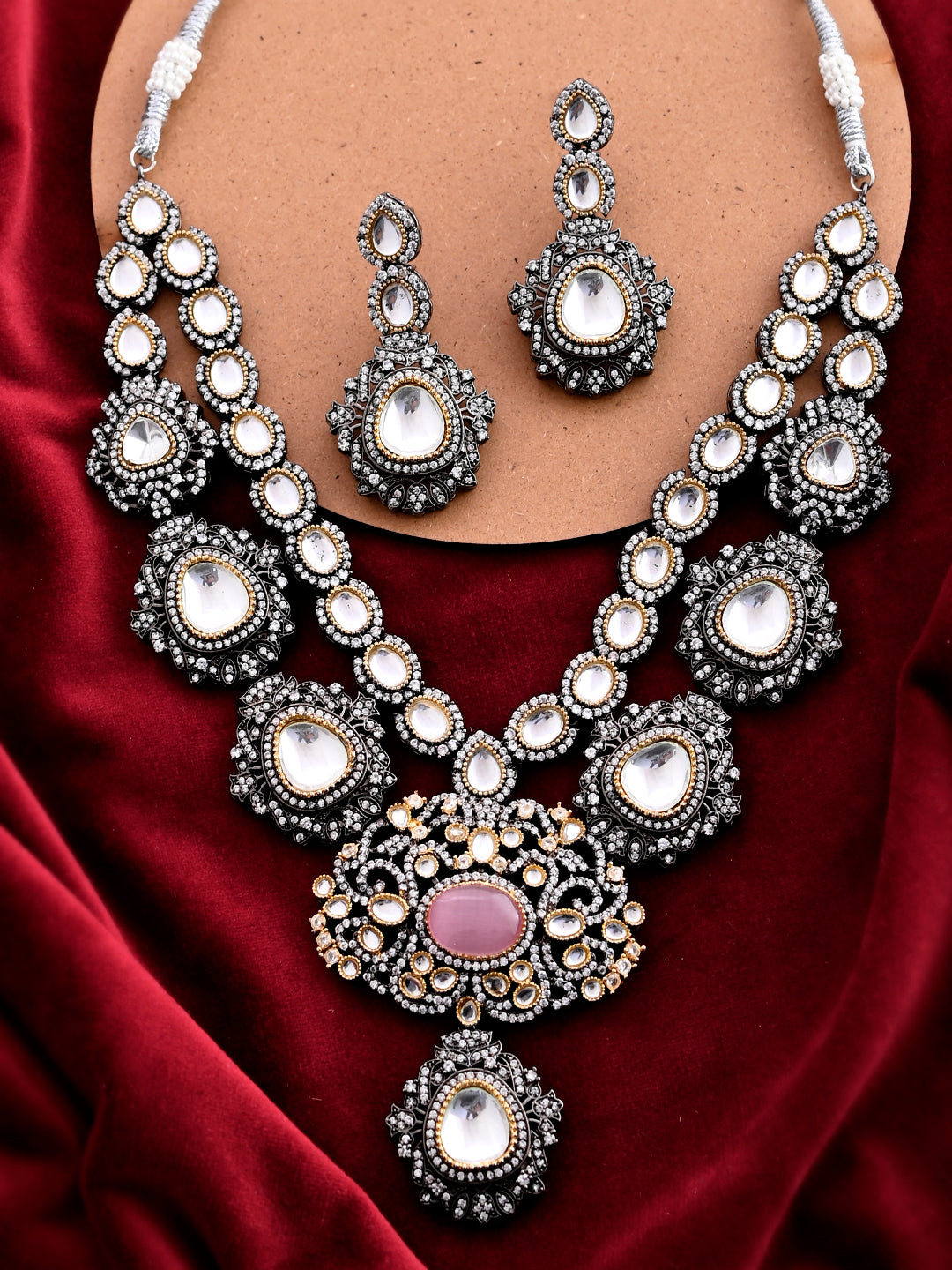 Hot Pink Oxidized Kundan Set