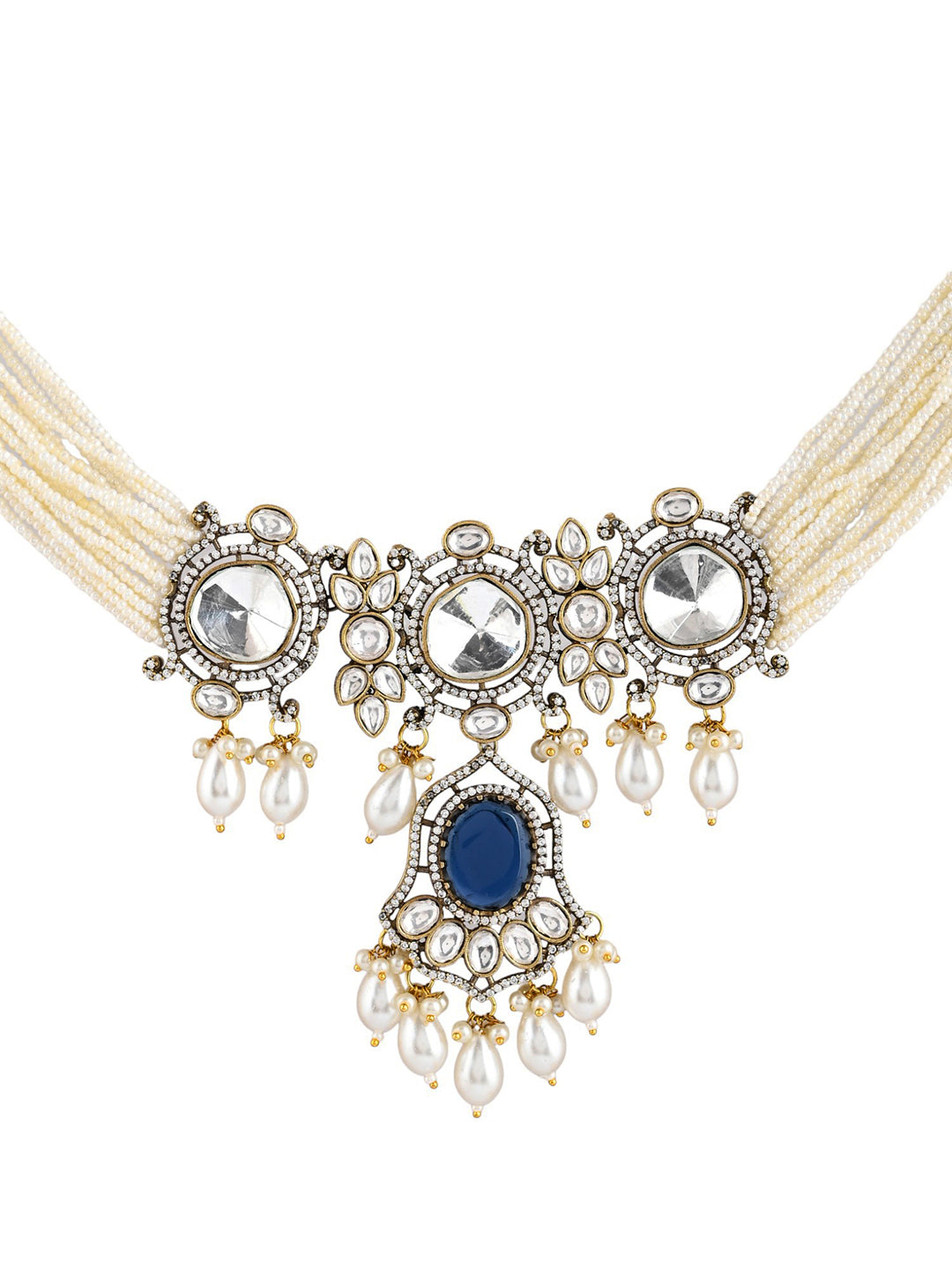 Royal Blue Oxidized Choker Kundan Set