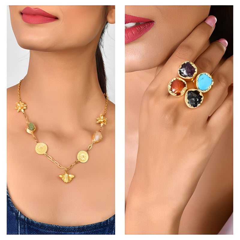 Floral Honey Bee Necklace + 4 Stone Classy Ring