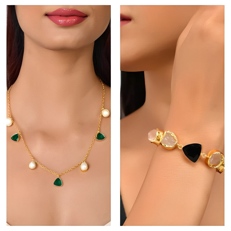 Pearl & Triangle Stone Necklace + Triangle & Rough Stone Bracelet