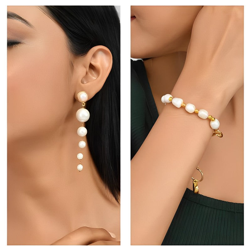 Pearl Dangler Earring + Beaded Pearl Chain Heart Bracelet