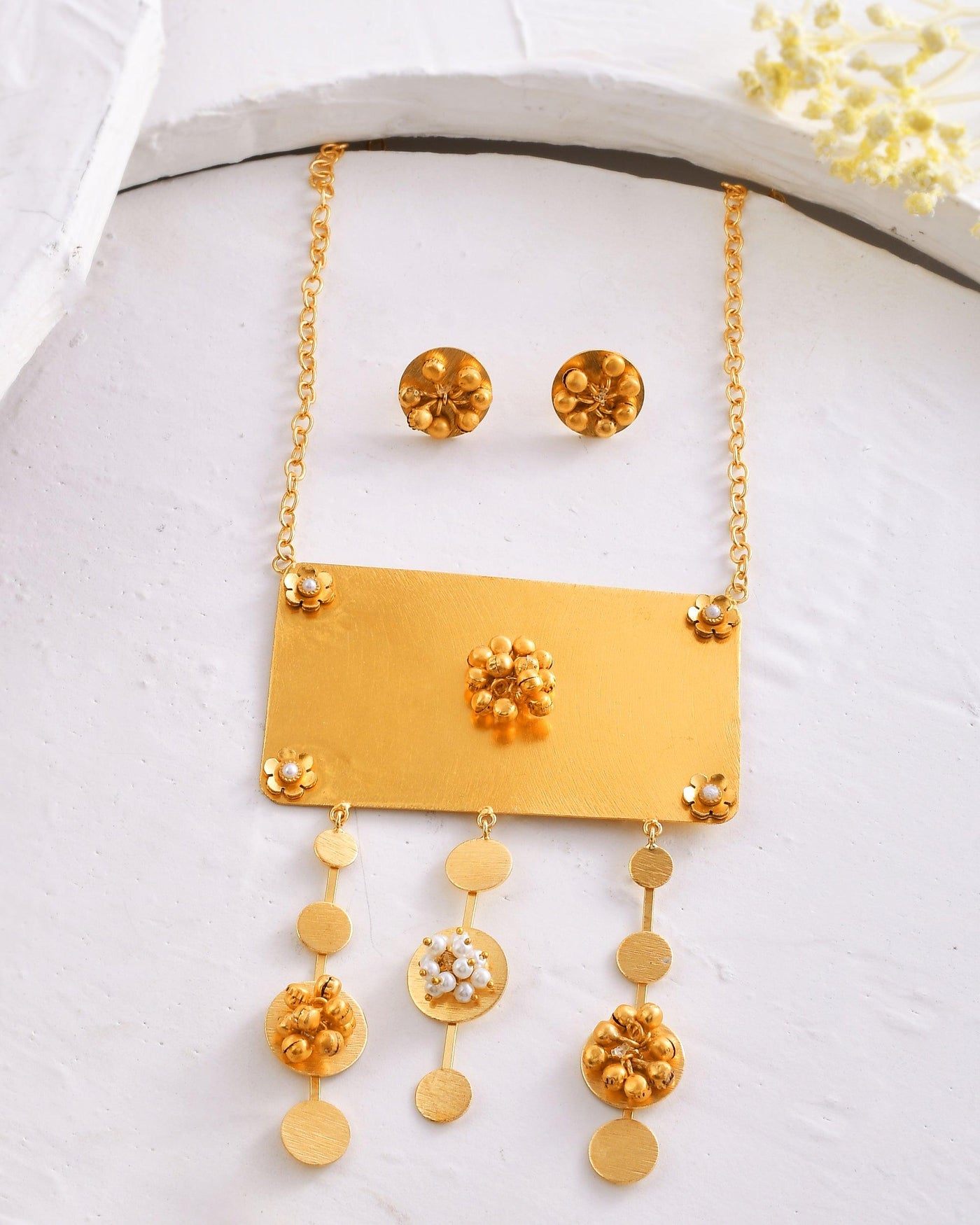 Fancy Big Square Ghungroo Necklace Set - Zuriijewels