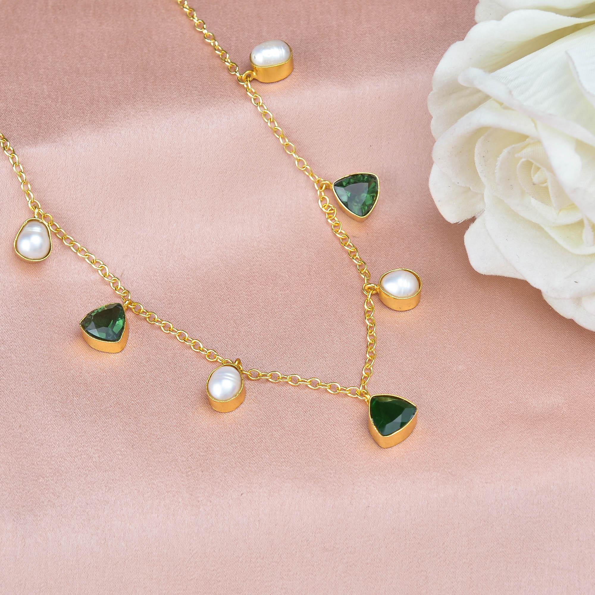 Pearl & Triangle Stone Necklace - Zuriijewels