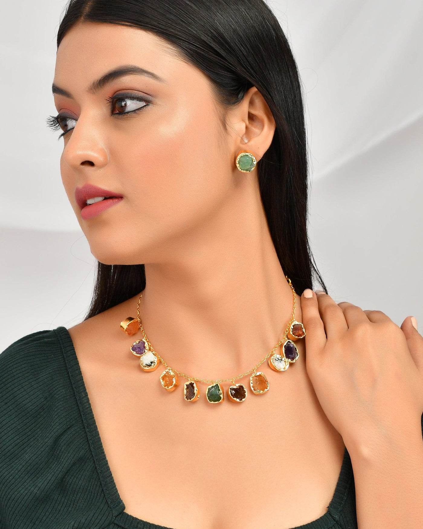 Multi Colour Stone Hanging Neck Set - Zuriijewels