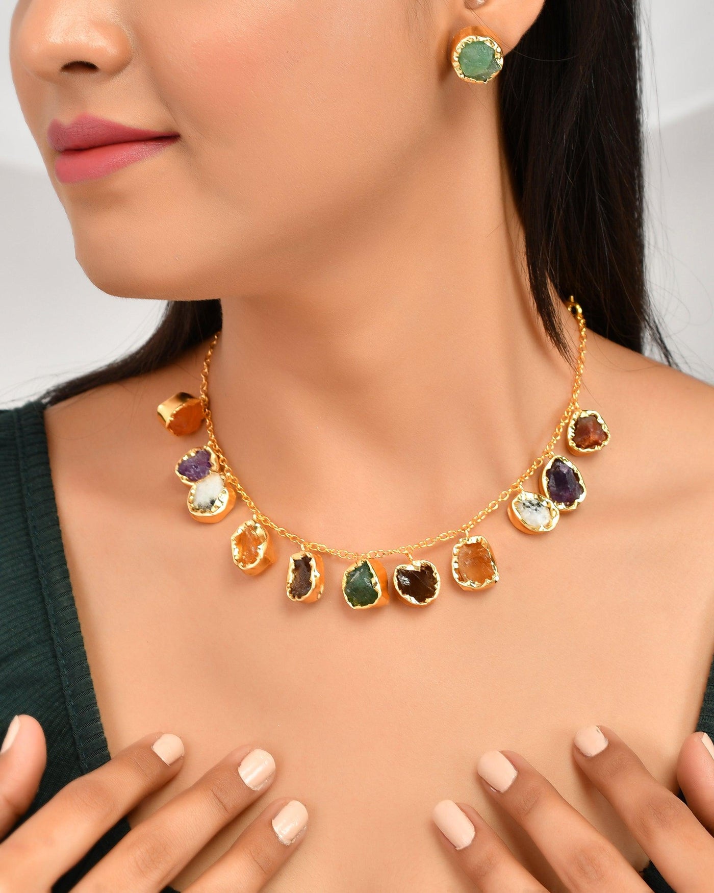 Multi Colour Stone Hanging Neck Set - Zuriijewels