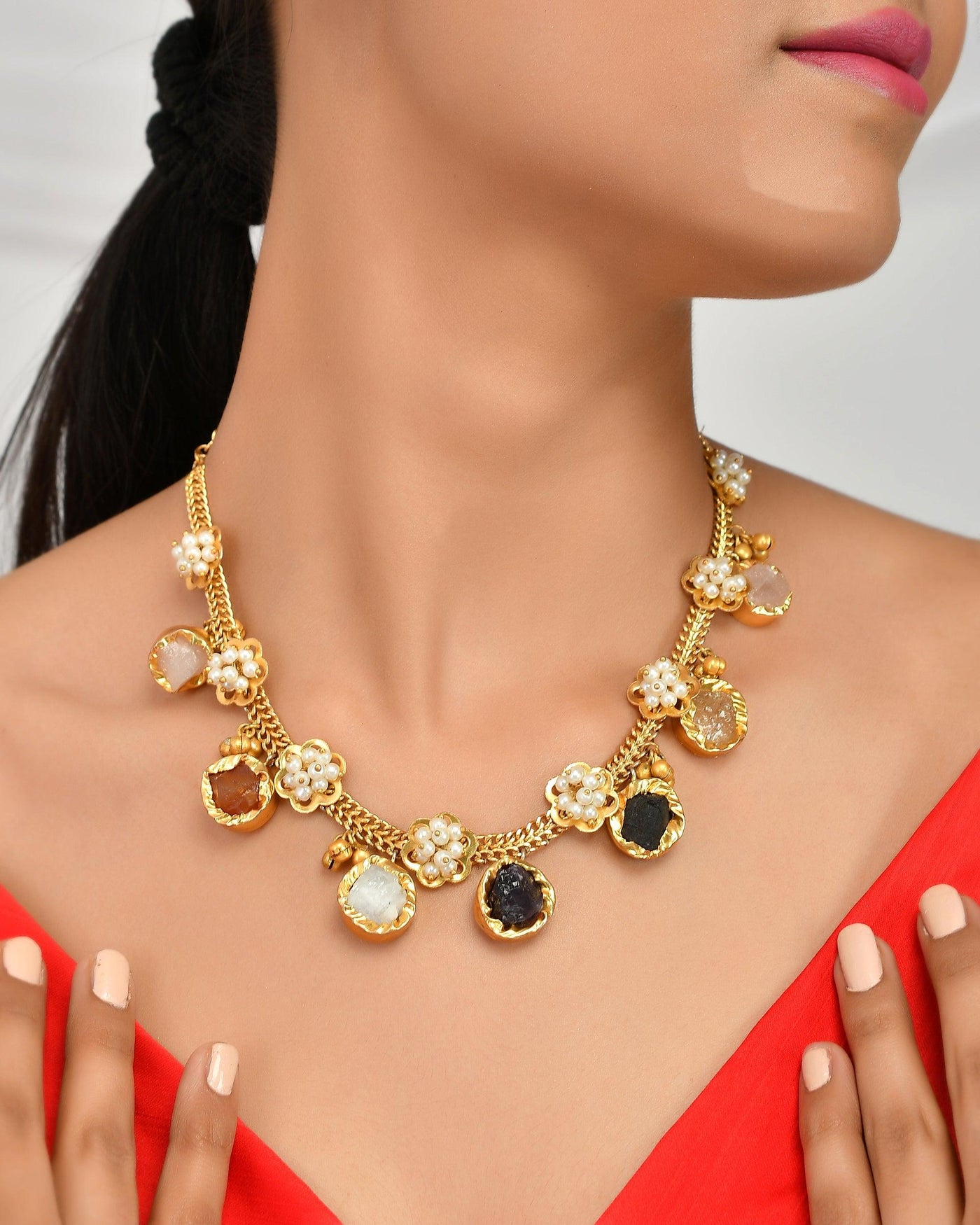 Fancy Rough Stone With Ghungroo Necklace - Zuriijewels